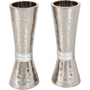 Hammered Nickel Shabbat Candlesticks in Cone Shape with White Ring by Yair Emanuel Chandeliers & Bougies
