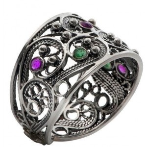Sterling Silver Ring Filigree & Emeralds and Ruby by Rafael Jewelry Bijoux Juifs