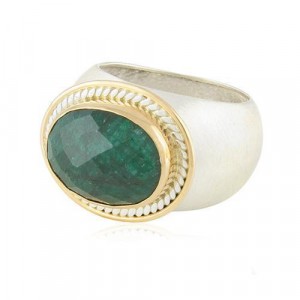 Rafael Jewelry Sterling Silver Ring with 9k Yellow Gold and Emerald Stone Bagues Juives