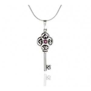 Key Pendant in Sterling Silver with Hearts and Garnet Stone by Rafael Jewelry Bijoux Juifs
