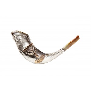 Ram's Polished Horn with a Silver Sleeve & Menorah Decoration by Barsheshet-Ribak Rosh Hashana