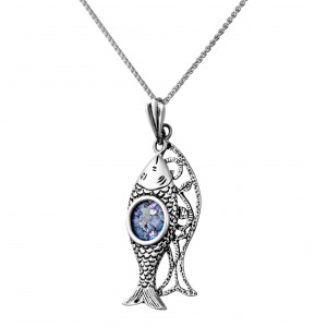 Fish Pendant in Sterling Silver & Roman Glass by Estee Brook Artistes & Marques