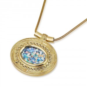 14K Gold Necklace with Oval Roman Glass by Ben Jewelry Colliers & Pendentifs
