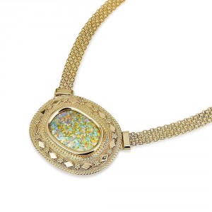14K Gold Mesh Chain Necklace Featuring an Oval Roman Glass by Ben Jewelry
 Bijoux Juifs