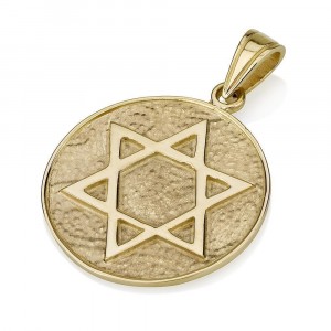 14K Yellow Gold Star of David Pendant with Textured Disk Collection d'Etoiles de David