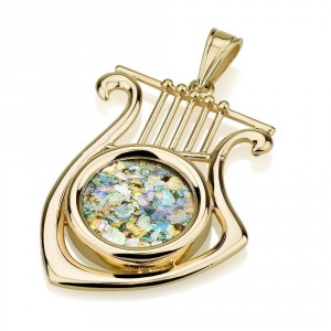David's lyre Pendant 14K Yellow Gold with Roman Glass by Ben Jewelry Artistes & Marques