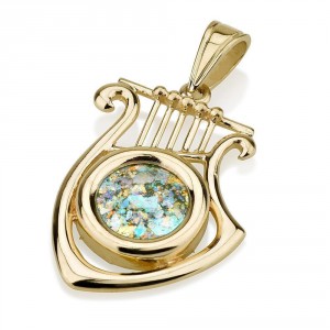 David Harp Pendant 14K Yellow Gold And Roman Glass by Ben Jewelry Artistes & Marques