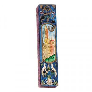Yair Emanuel Mezuzah with the Tower of David in Painted Wood Judaïque

