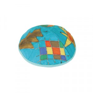 Kippa en Soie Turquoise Yair Emanuel - Motifs Multicolores Judaïque
