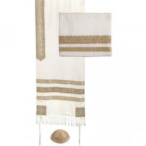 Gold Stripes Matching Tallit with Bag and Kippa by Yair Emanuel Judaïque
