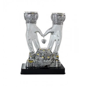 Silver Polyresin Shabbat Candlesticks with Jerusalem and Blessing Hand Stems Chandeliers
