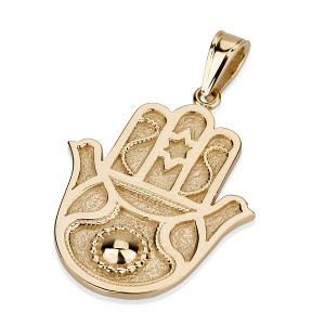14k Yellow Gold Hamsa Pendant with Raised Scrolling Lines and Star of David Star of David Jewelry