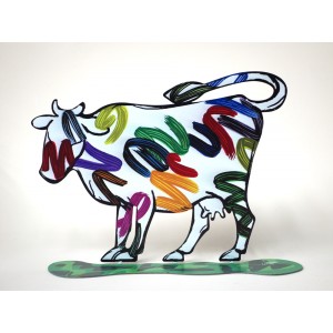 David Gerstein Nava Cow Sculpture with Bright Painted Lines Art David Gerstein