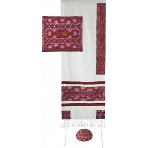 Yair Emanuel Raw Silk Tallit Set with Red Rainbows, Stars of David and Hebrew Text Décorations d'Intérieur