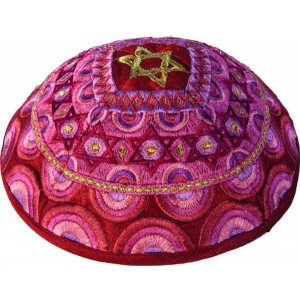 Yair Emanuel Kippah with Gold Star of David and Red Embroidered Decorations Kippas