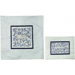 Yair Emanuel Matzah Cover Set with Embroidered Pomegranates in Blue on White Couvres Matsa