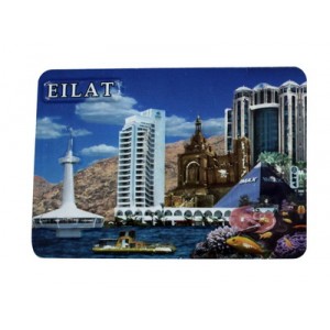 Rectangular Plastic Magnet with Eilat Landmarks and English Text in White Souvenirs Juifs