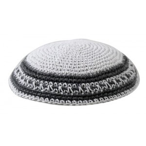 White Knitted Kippah with Thick Slate Gray Lines and Thin Dotted Line Judaïque
