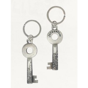 Silver Keychain with Skeleton Key Design, Jerusalem Image and English Text Porte-Clefs