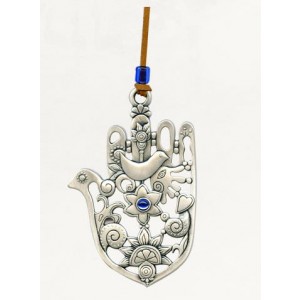 Silver Hamsa with Traditional Symbols and Single Swarovski Crystal Art Israélien