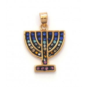 Pendant with Menorah Design in Gold Plated with Colorful Stones Marina Jewelry