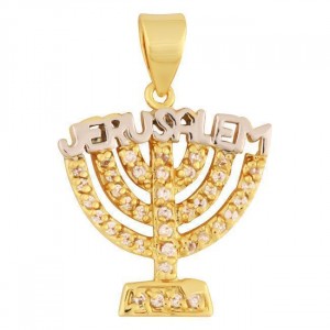 Menorah Pendant with Zircon Stones un Gold and Rhodium Plated Marina Jewelry