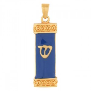 Gold Plated and Blue Crystal Enamel Mezuzah Pendant Marina Jewelry