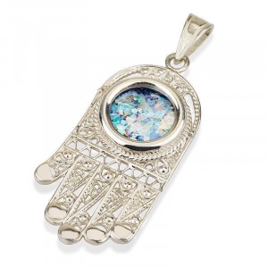 Hamsa Amulet in Silver with Roman Glass Colliers & Pendentifs