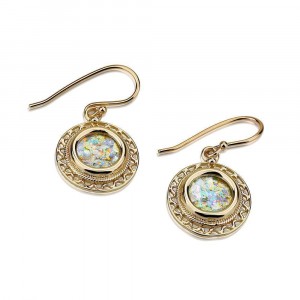 Earrings with Wavy Cord and Roman Glass in 14k Yellow Gold Boucles d'Oreilles