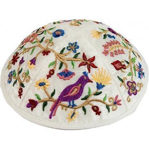 Kippah with Colorful Embroidered Birds & Flowers- Yair Emanuel Kippas