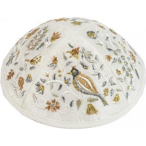 Kippah with Gold & Silver Embroidered Birds & Flowers- Yair Emanuel Artistes & Marques