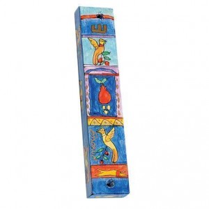 Hand painted Mezuzah with Doves in Wood-Yair Emanuel Artistes & Marques
