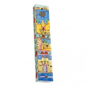 Hand painted Mezuzah with Jerusalem Gates in Wood-Yair Emanuel Artistes & Marques