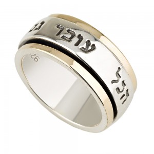 9K Gold & Sterling Silver Spinning Ring with This Too Shall Pass Hebrew Quote Bijoux Emouna
