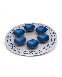 Blue Aluminum Seder Plate with Hebrew Text and Six Bowls Plateaux de Seder