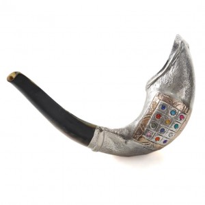 Ram's Horn Polished with Silver Sleeve & Choshen Design by Barsheshet-Ribak Shofars