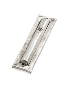 Silver Mezuzah with Hammered Pattern, Hebrew Letter Shin and Dotted Lines Mezouzot