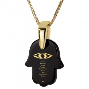 Gold Plated Onyx Stone Necklace with Evil Eye & Positivity Hamsa Design  Colliers & Pendentifs