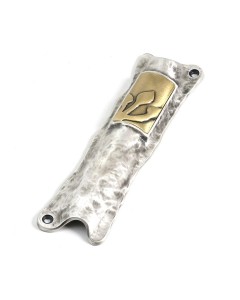 Silver Mezuzah with Brass Rectangular Ornament and Inscribed Hebrew Letter Shin Mezouzot