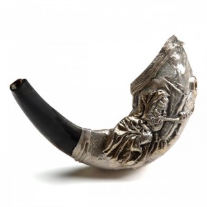 Polished Ram Horn Shofar with Sterling Silver Decorative Plates (Man Blowing Shofar) Shofars
