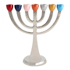 Seven-Branched Aluminum Menorah With Hammered Finish and Multicolored Candleholders Candélabres