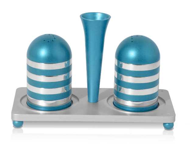 Modern Salt and Pepper Shake Set with Stripes and Tray in Turquoise by Nadav Art
