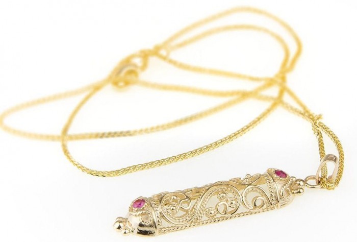 Filigree 14k Yellow Gold Pendant with Ruby Stones Rafael Jewelry Designer