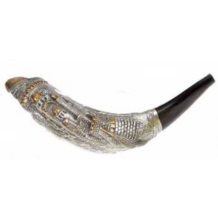Polished Dark Ram's Horn with Silver Decoration in Jerusalem Design by Barsheshet-Ribak