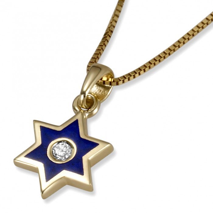 14K Yellow Gold Star of David Pendant Featuring Diamond and Blue Enamel