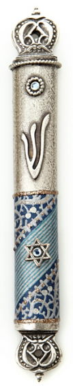 Pewter Mezuzah with White and Blue Motif