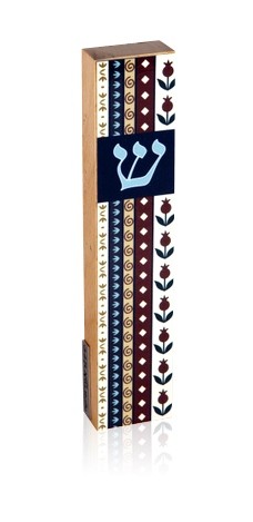 Pomegranates, Flowers, and Stripes Mezuzah with Traditional Shin