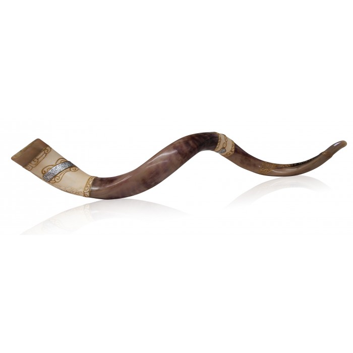 Kudu Horn Shofar with Metal Jerusalem Band and White and Gold Sleeves