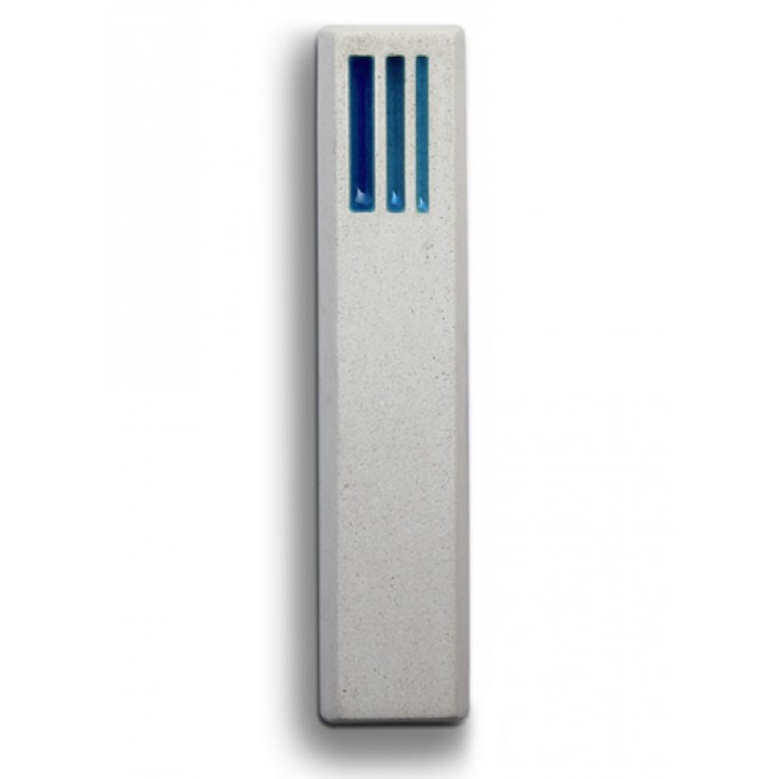White Concrete Mezuzah with Blue Abstract Hebrew Shin by ceMMent