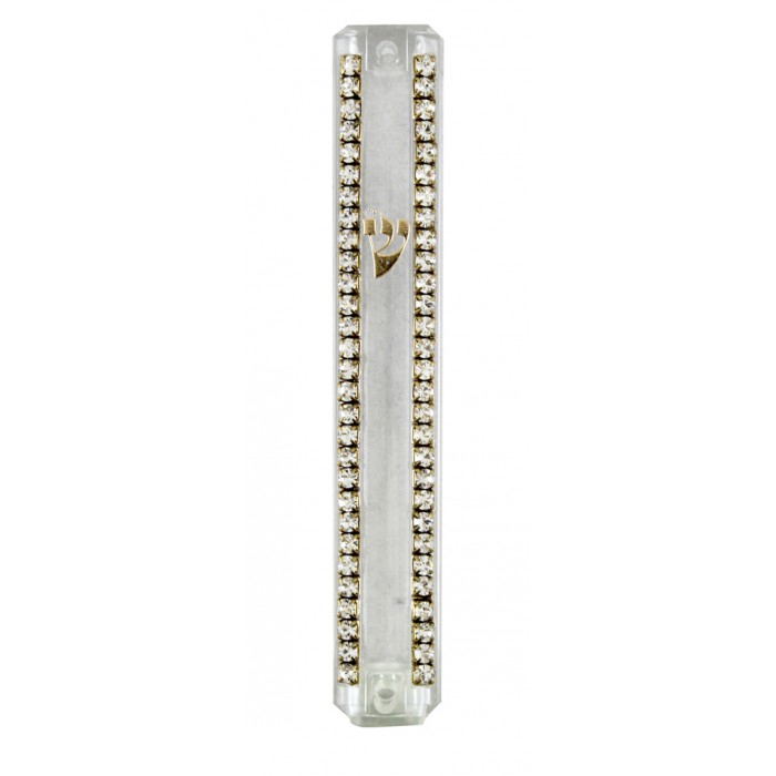 Clear Plastic Mezuzah with White Beads and Gold Colored Hebrew Letter Shin